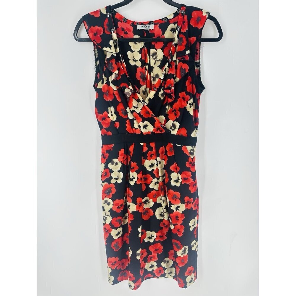 MOSCHINO Cheap & Chic Dress Floral Red Black 100% Silk 6 EUC